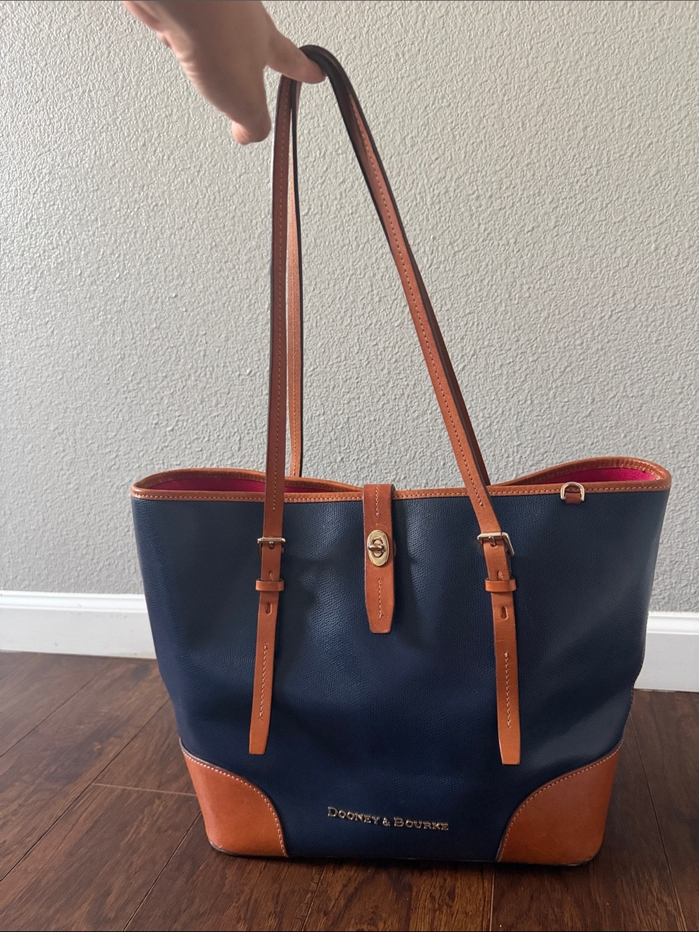 Vintage Dooney & Bourke Navy Tote with Tan Trim and Pink Interior